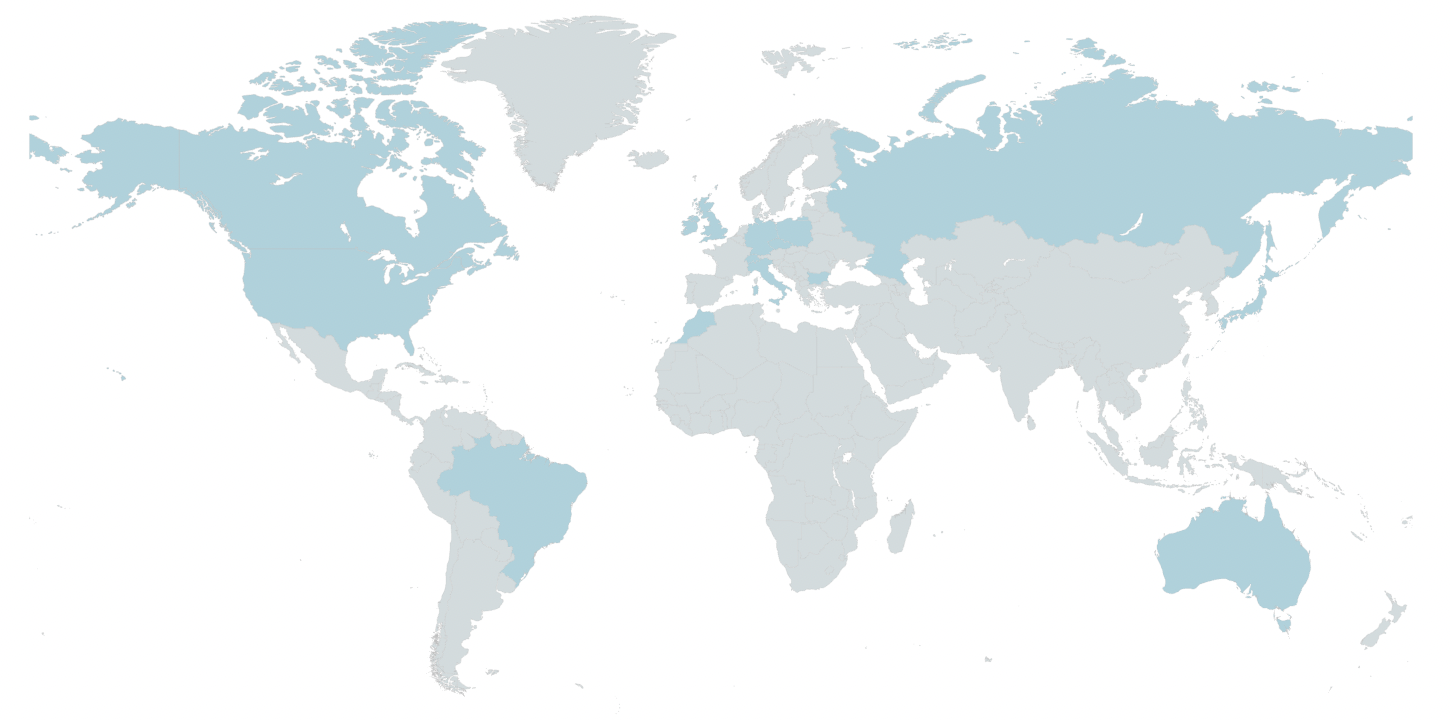 Map of the world showing the countries from which Karen Netzel has worked with clients.